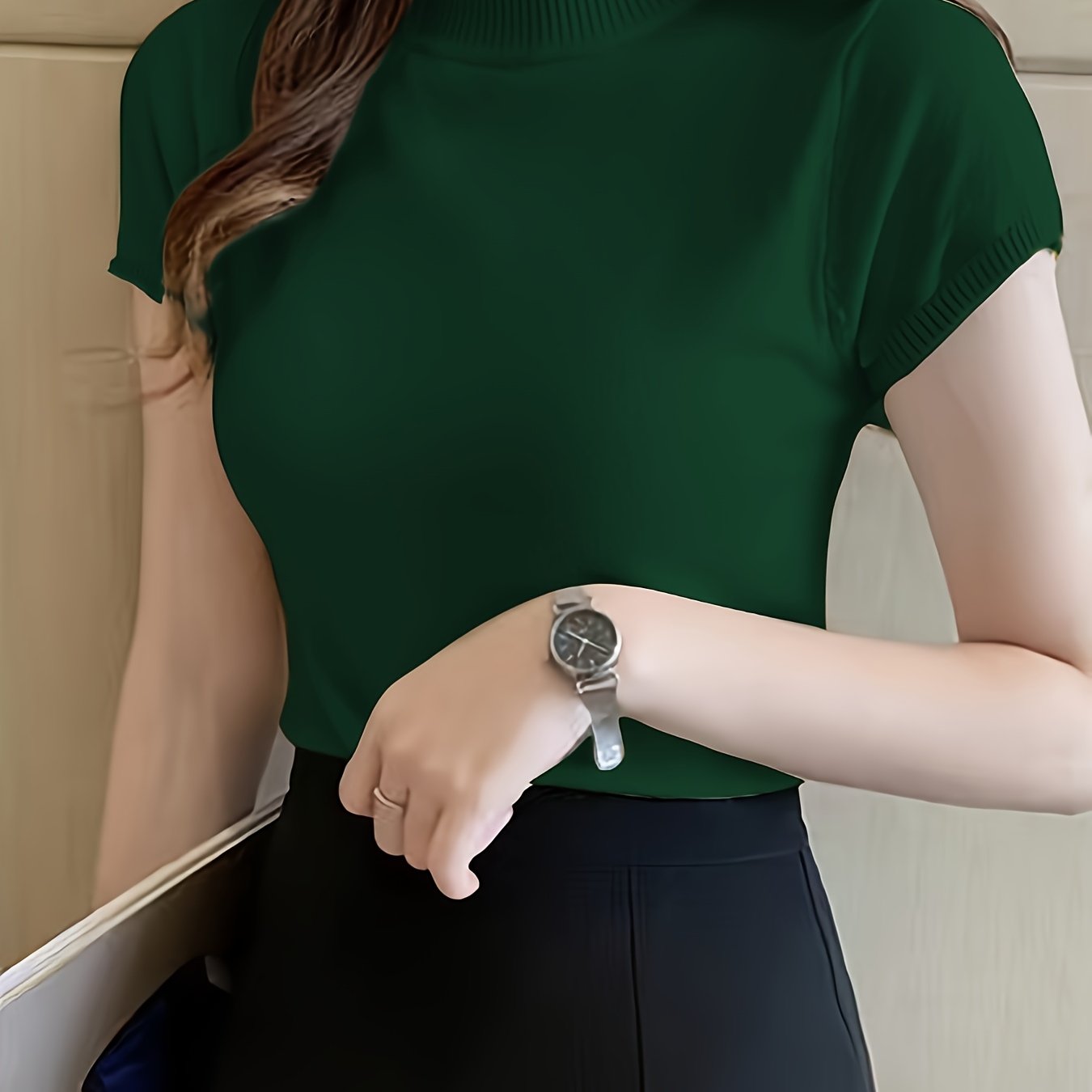 Womens Chic Solid Mock Neck Short Sleeve Knit Sweater - Soft & Breathable - Casual Everyday Style