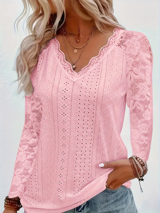 Chic Contrast Lace V-neck Eyelet T-Shirt - Fashionable Long Sleeves for Spring & Fall - A Stylish Womens Wardrobe Essential