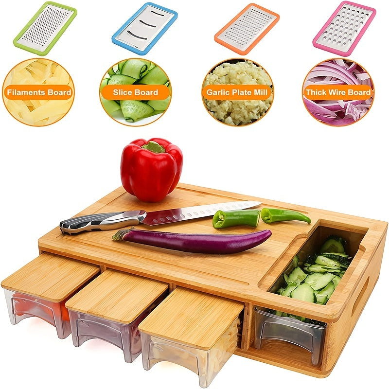 1pc, Bamboo Cutting Board With Drawer Tray, Bamboo Cutting Board With Sliding Out Tray, Chopping Board, Fruit Cutting Board, Kitchen Utensils, Apartment Essentials