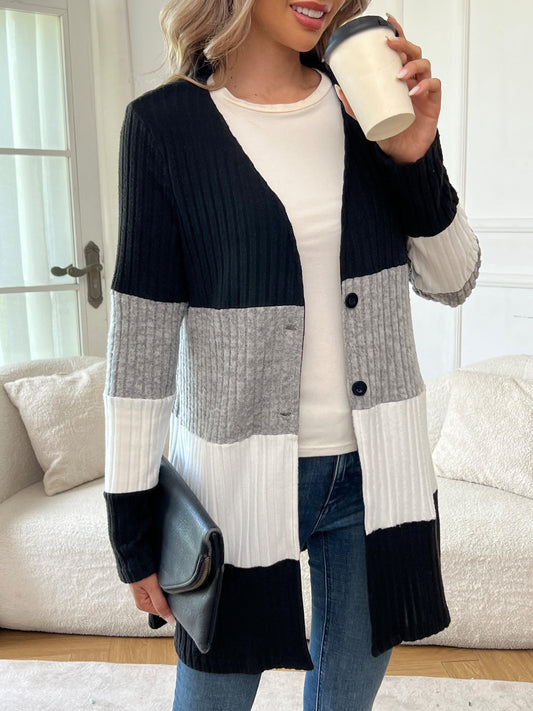 Chic Long Sleeve Colorblock Cardigan - Cozy Knitted Design, Essential Fall & Winter Women's Apparel, Fashion-Forward Button-Up Style