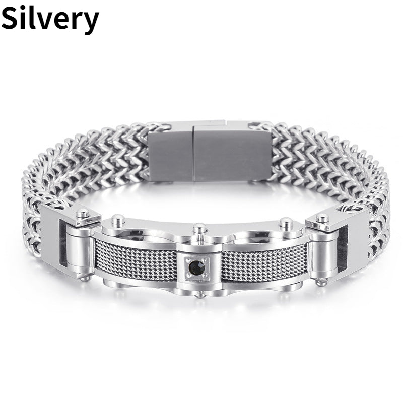 1PC Men's Delicate Bracelet, Golden Silvery Stainless Steel Chain Bracelet, Men's Faux Diamond Square Bracelet, Magnetic Buckle Fashion Jewelry Party Cool Holiday Accessories, Father's Day Gift