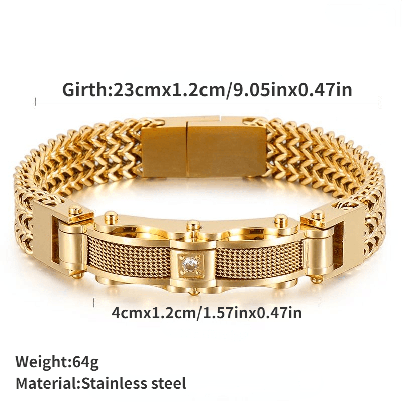 1PC Men's Delicate Bracelet, Golden Silvery Stainless Steel Chain Bracelet, Men's Faux Diamond Square Bracelet, Magnetic Buckle Fashion Jewelry Party Cool Holiday Accessories, Father's Day Gift
