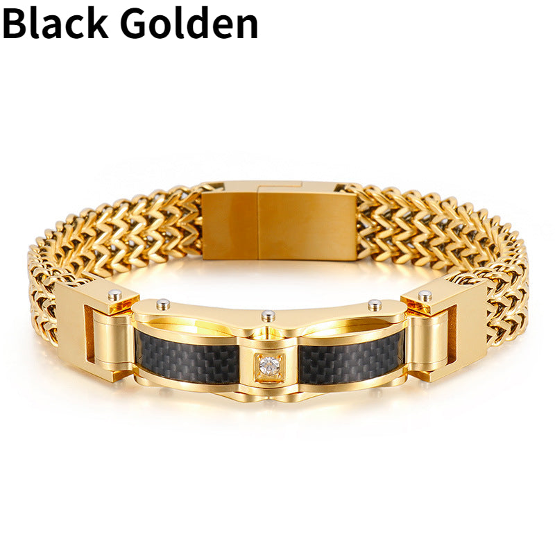 1PC Men's Delicate Bracelet, Golden Silvery Stainless Steel Chain Bracelet, Men's Faux Diamond Square Bracelet, Magnetic Buckle Fashion Jewelry Party Cool Holiday Accessories, Father's Day Gift