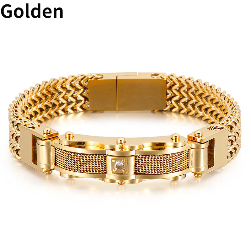 1PC Men's Delicate Bracelet, Golden Silvery Stainless Steel Chain Bracelet, Men's Faux Diamond Square Bracelet, Magnetic Buckle Fashion Jewelry Party Cool Holiday Accessories, Father's Day Gift