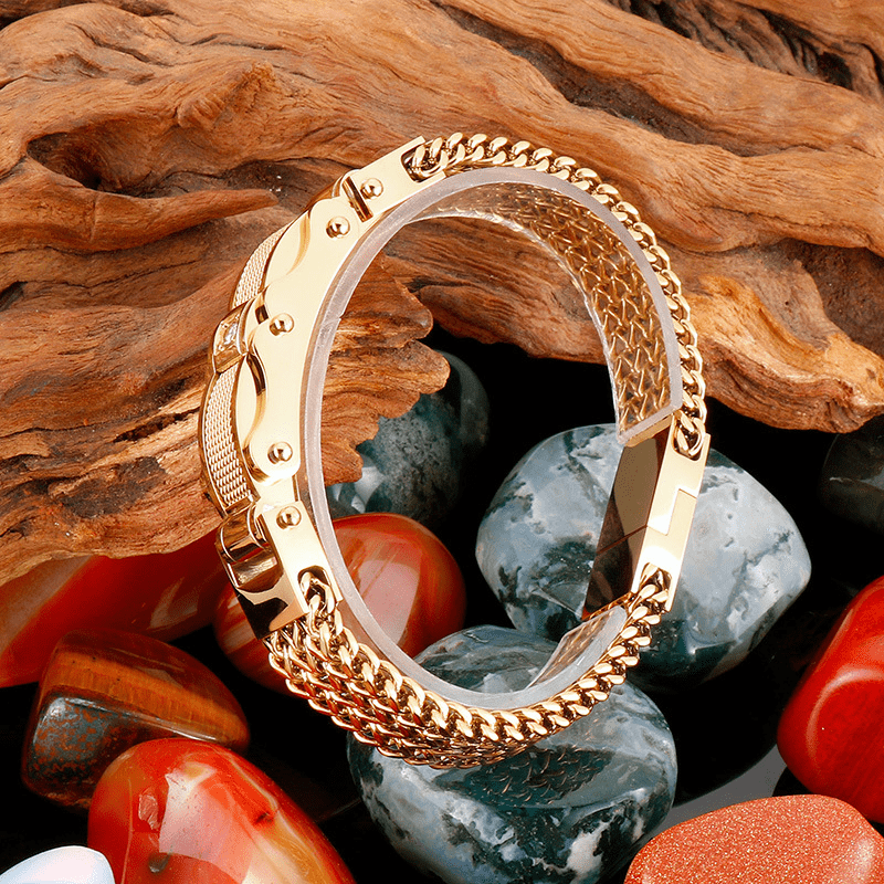 1PC Men's Delicate Bracelet, Golden Silvery Stainless Steel Chain Bracelet, Men's Faux Diamond Square Bracelet, Magnetic Buckle Fashion Jewelry Party Cool Holiday Accessories, Father's Day Gift