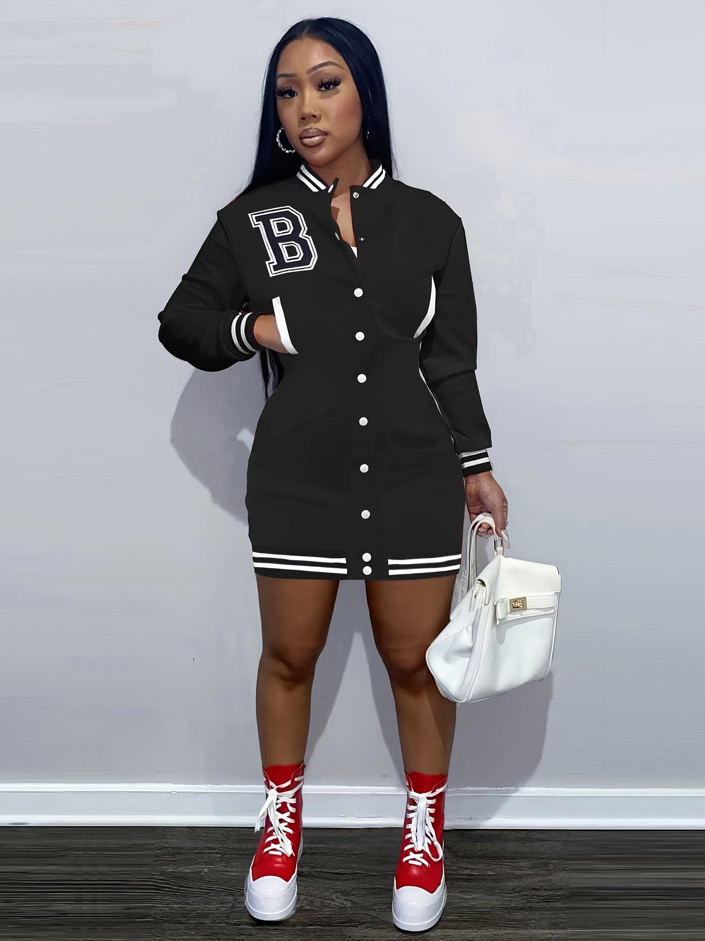 Womens Chic Letter Pattern Mini Dress - Versatile Button Front, Long Sleeve Slim Fit - Stylish Everyday Clothing