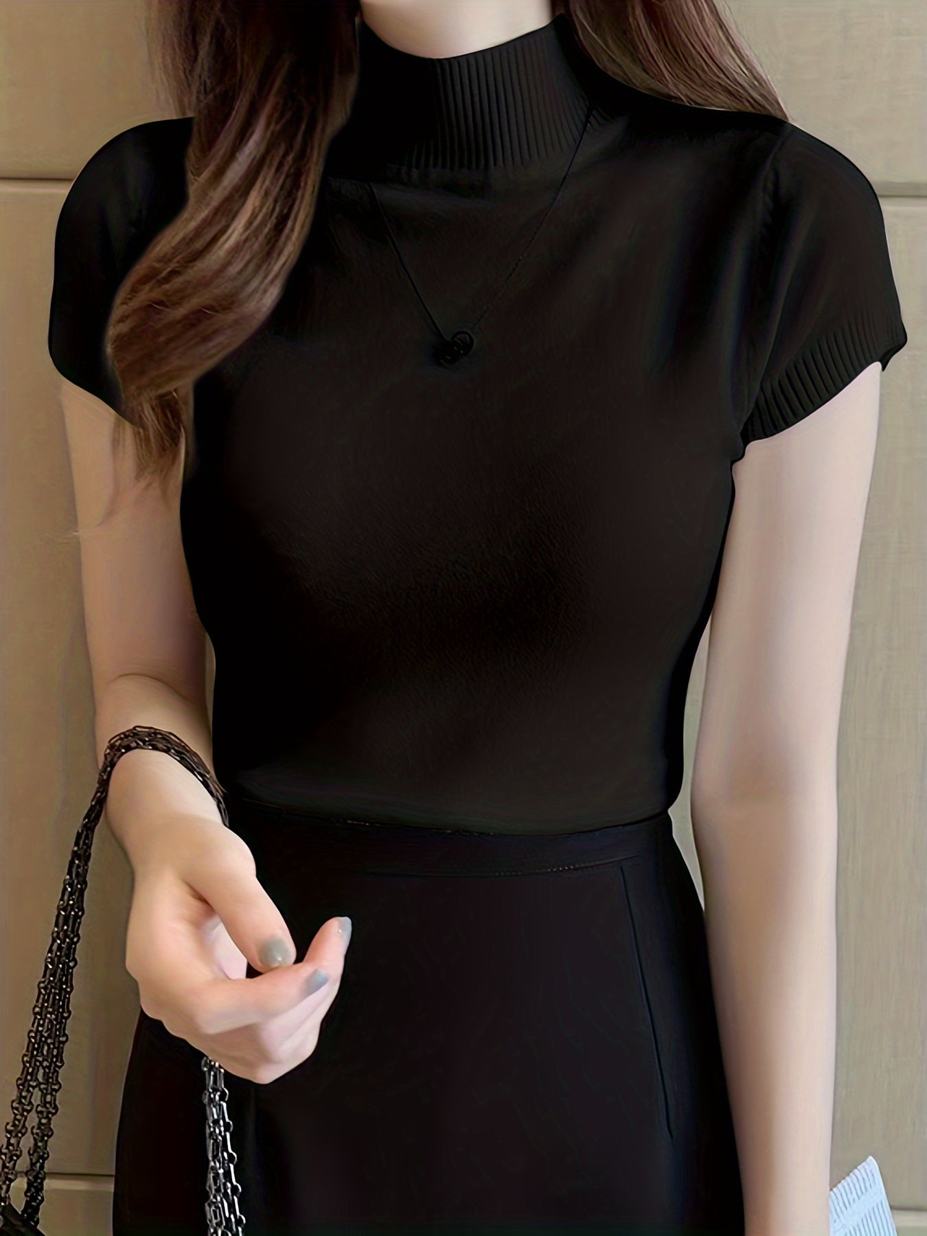 Womens Chic Solid Mock Neck Short Sleeve Knit Sweater - Soft & Breathable - Casual Everyday Style