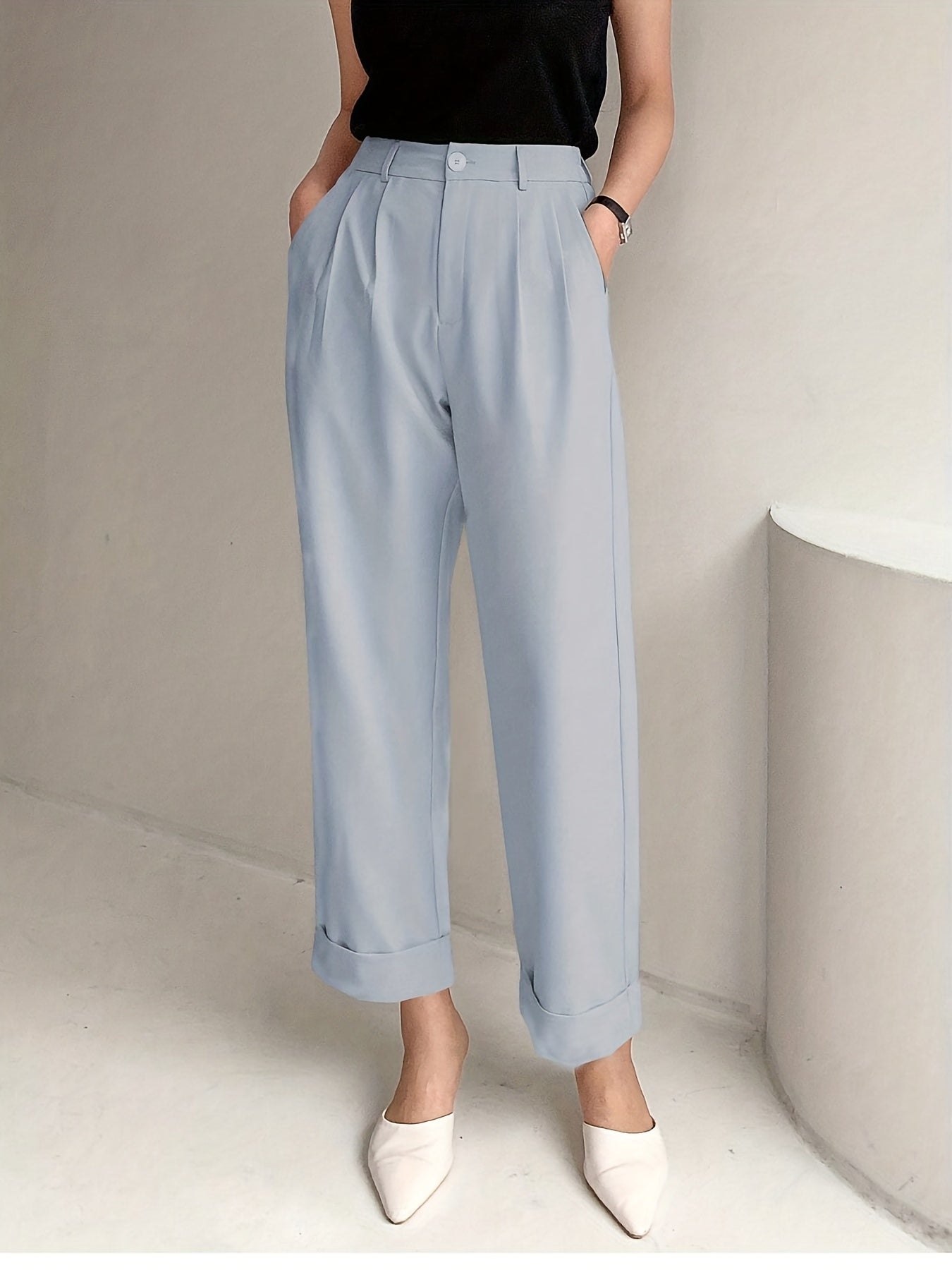 Chic Solid High Waist Pleated Pants - Flattering Draped Design, Straight Leg, Casual Style - Perfect for Womens Wardrobe