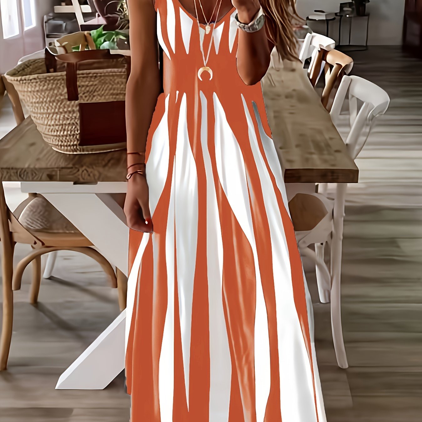 Vibrant Geo Print Deep V Neck Modest Sun Dress - Soft Micro Elastic Polyester Fabric, Machine Washable, Sleeveless, Spaghetti Strap, Perfect for Summer - Womens Casual Wear