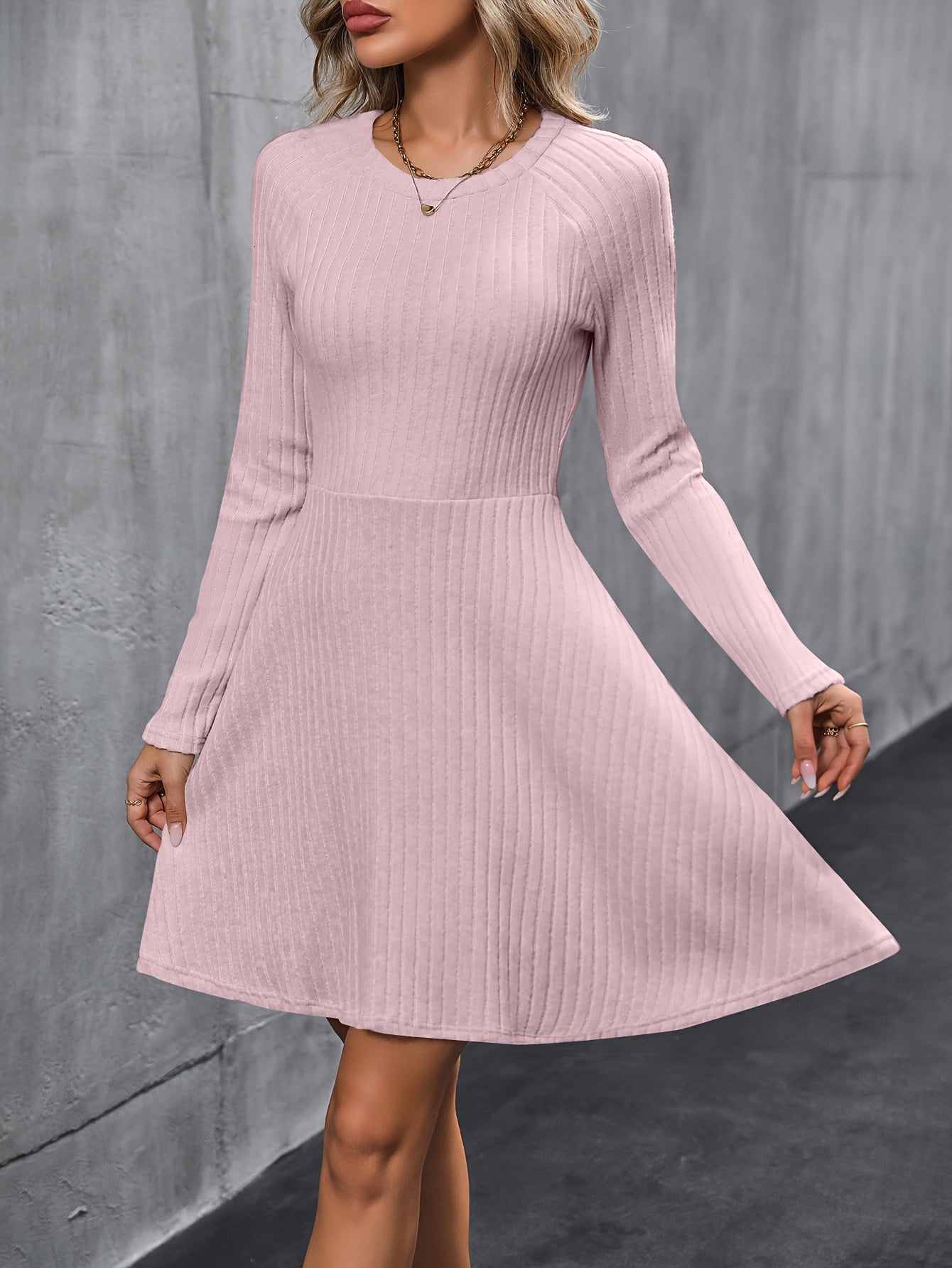 Womens Classic Ribbed Long Sleeve Dress - Stretchy, Solid Color, Elegant Crew Neck - Perfect for Everyday Style