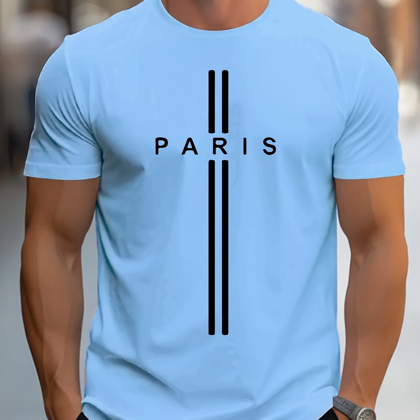Paris Print, Men's Graphic Design Crew Neck T-shirt, Casual Comfy Tees Tshirts For Summer, Men's Clothing Tops For Daily Vacation Resorts
