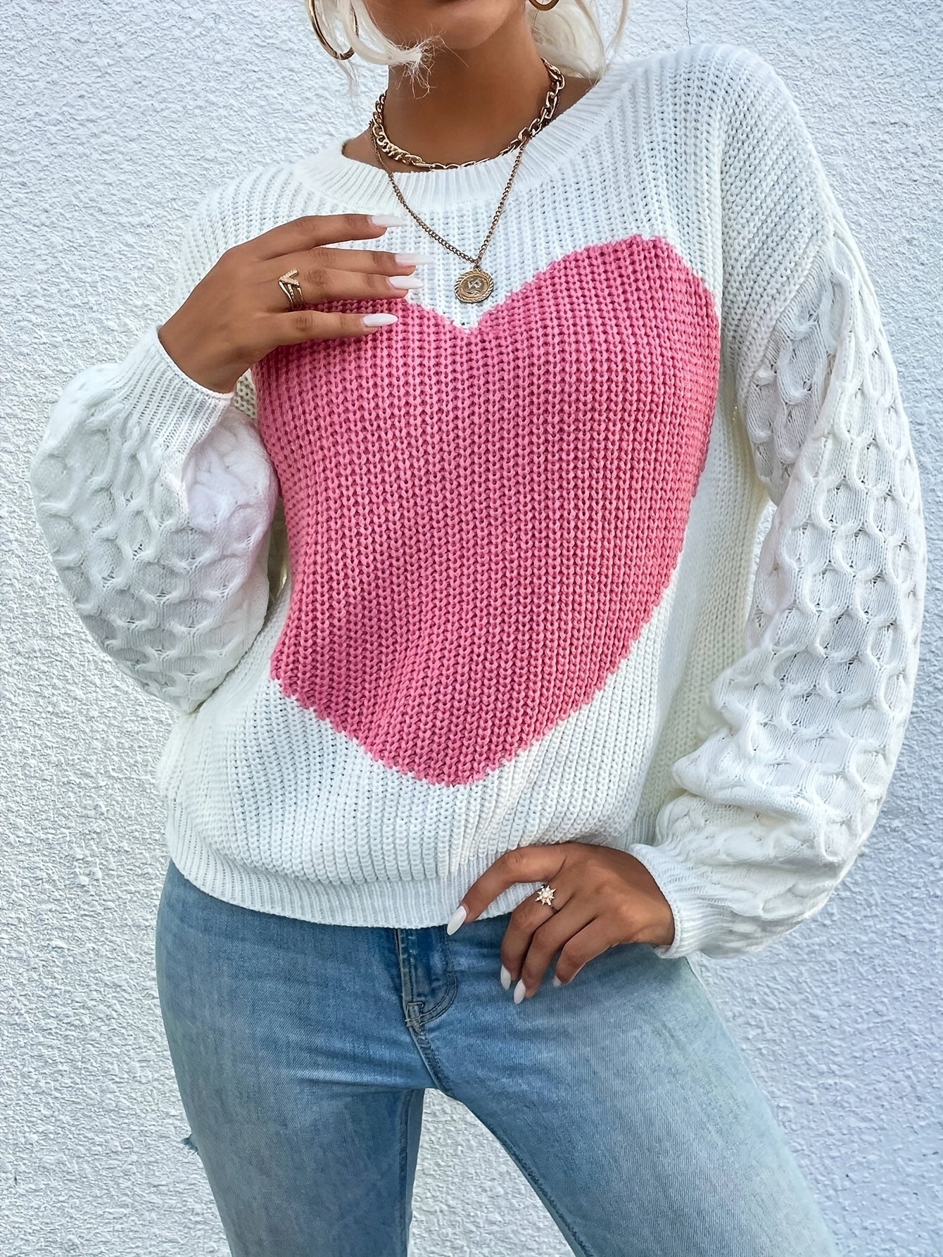 Cozy Heart Pattern Crew Neck Sweatshirt - Pullovers with Long Sleeve, Drop Shoulder, Casual Style, Soft Fabric, Women's Fashion Clothing for Daily Wear