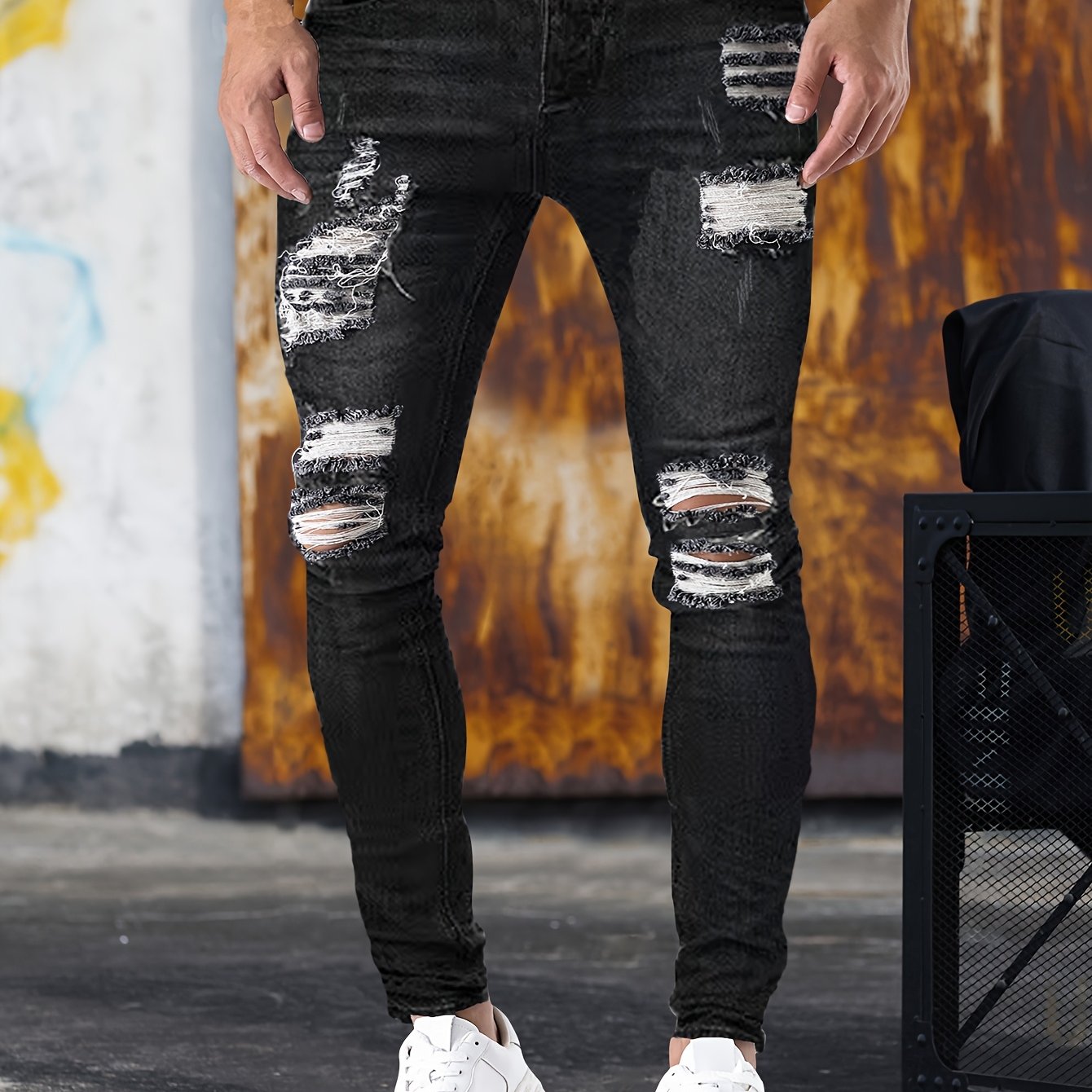 Slim Fit Ripped Jeans, Men's Casual Street Style Distressed Medium Stretch Denim Pants
