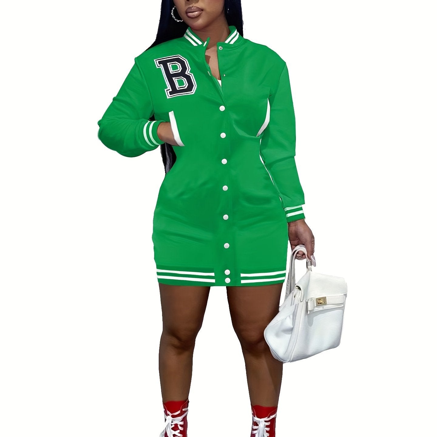 Womens Chic Letter Pattern Mini Dress - Versatile Button Front, Long Sleeve Slim Fit - Stylish Everyday Clothing