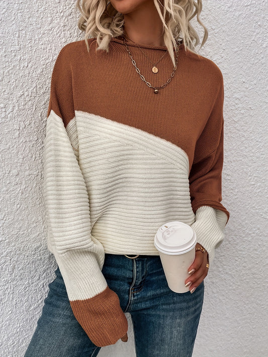 Color Block Loose Pullover Sweater, Elegant Long Sleeve Drop Shoulder Sweater, Women's Clothing
