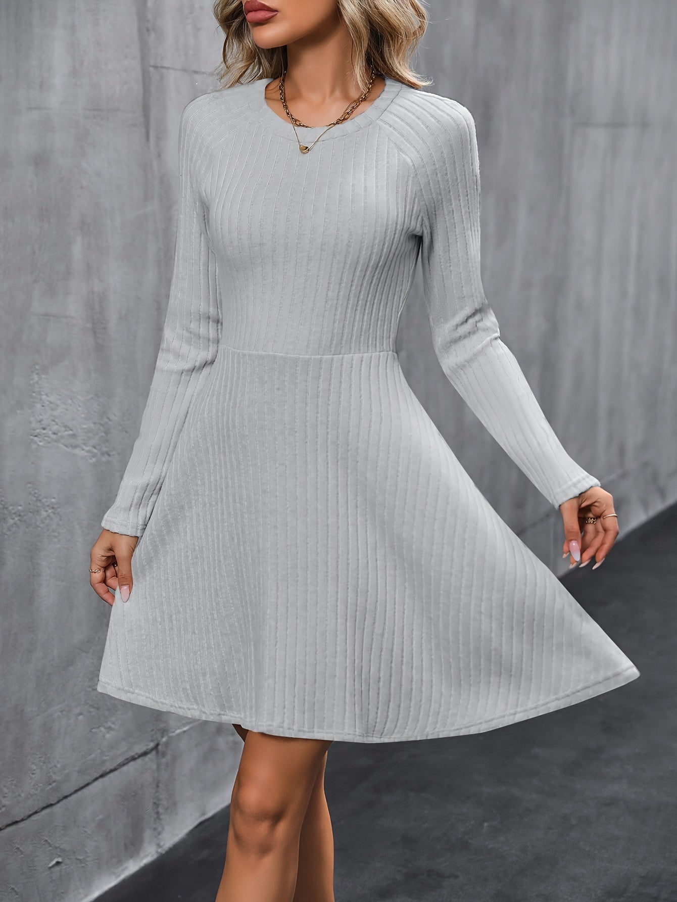 Womens Classic Ribbed Long Sleeve Dress - Stretchy, Solid Color, Elegant Crew Neck - Perfect for Everyday Style