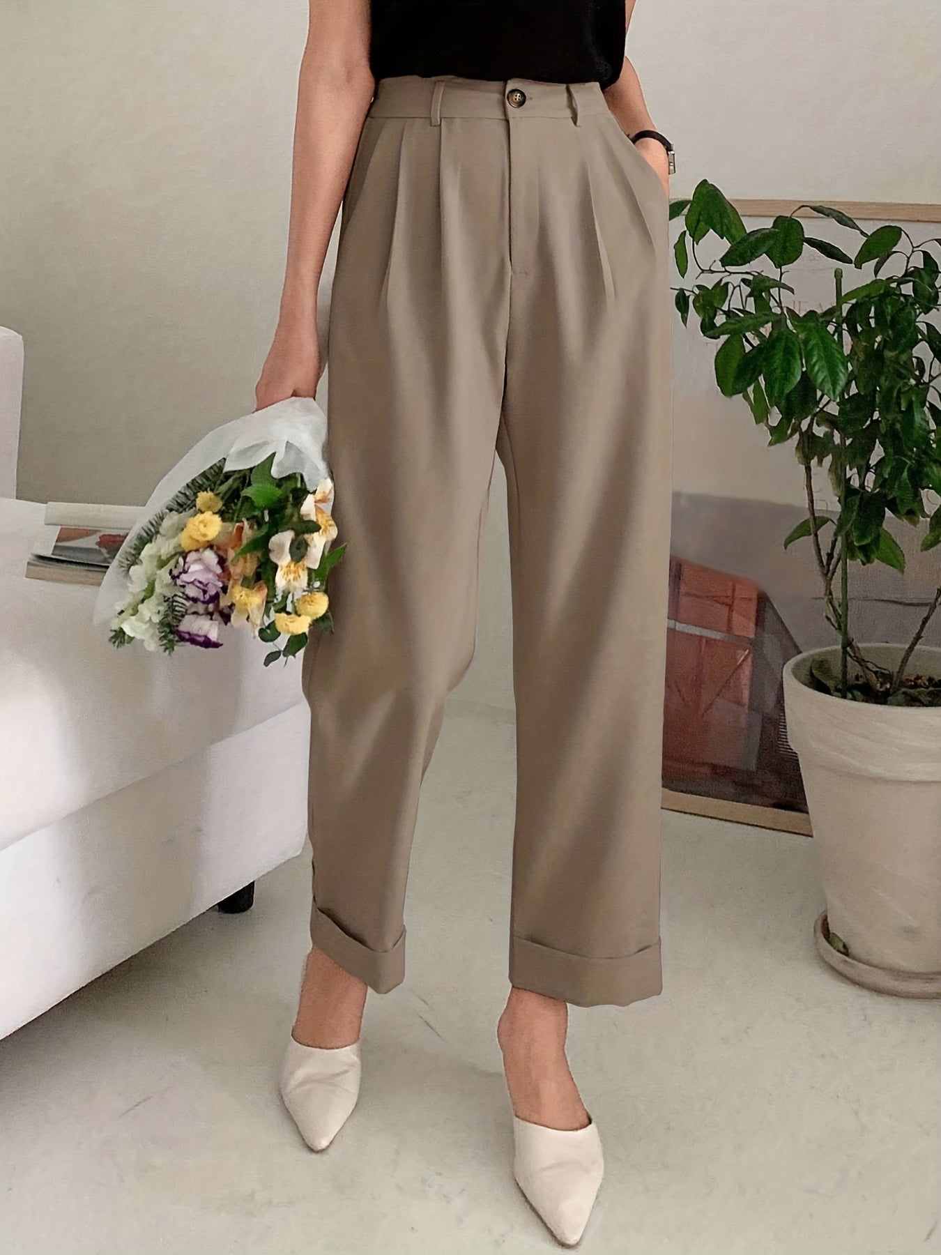 Chic Solid High Waist Pleated Pants - Flattering Draped Design, Straight Leg, Casual Style - Perfect for Womens Wardrobe