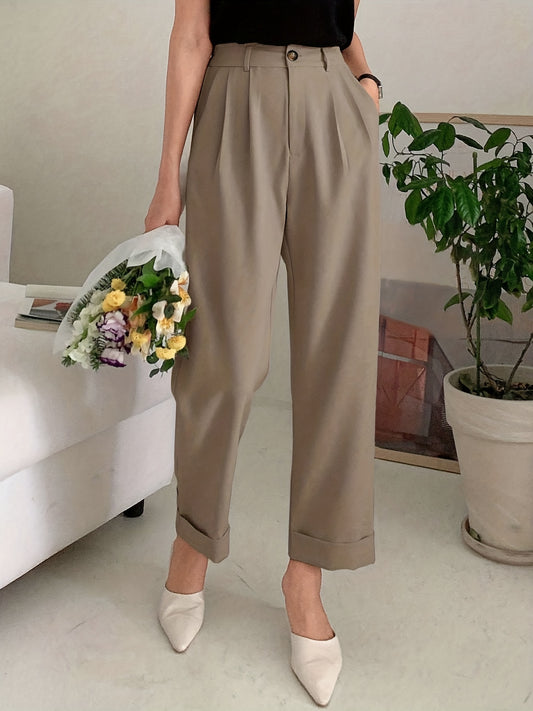 Chic Solid High Waist Pleated Pants - Flattering Draped Design, Straight Leg, Casual Style - Perfect for Womens Wardrobe