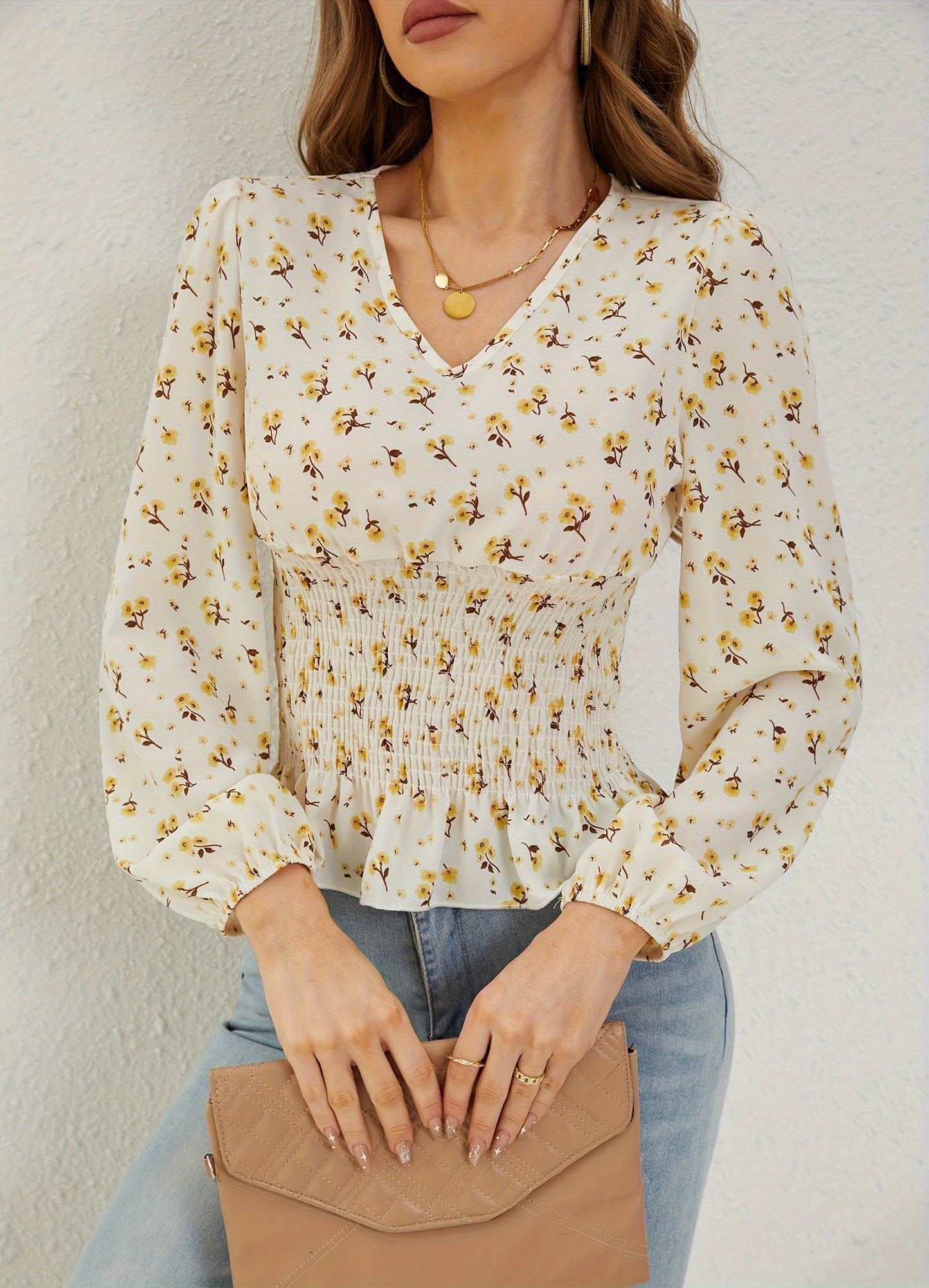 Ditsy Floral Print Shirred Blouse, Elegant Long Sleeve V Neck Blouse, Women's Clothing