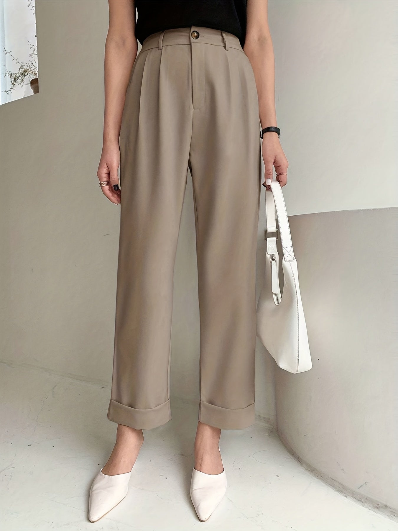 Chic Solid High Waist Pleated Pants - Flattering Draped Design, Straight Leg, Casual Style - Perfect for Womens Wardrobe