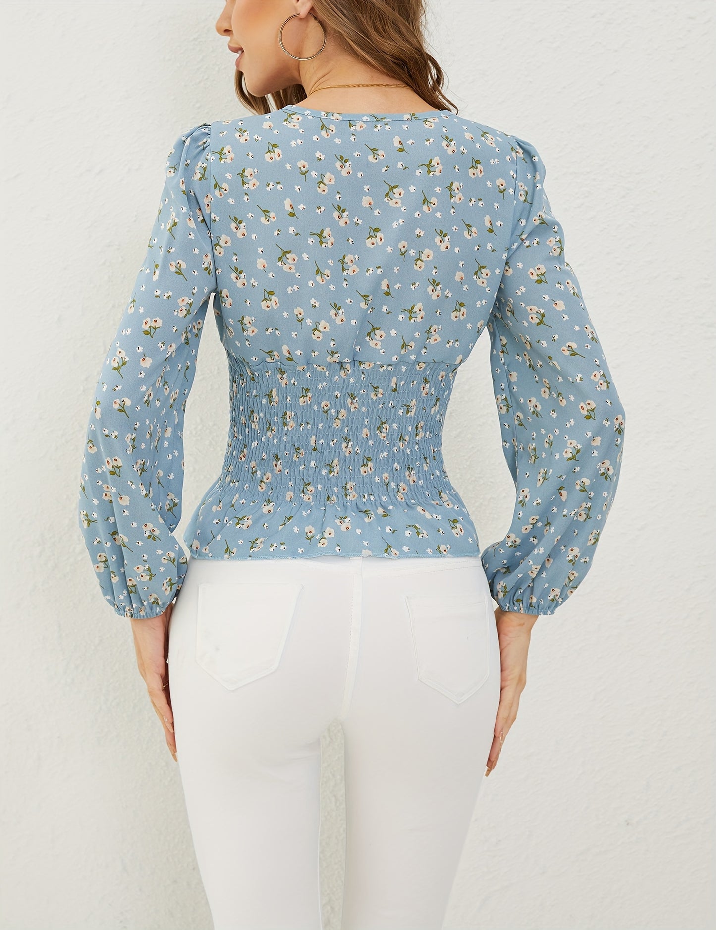 Ditsy Floral Print Shirred Blouse, Elegant Long Sleeve V Neck Blouse, Women's Clothing