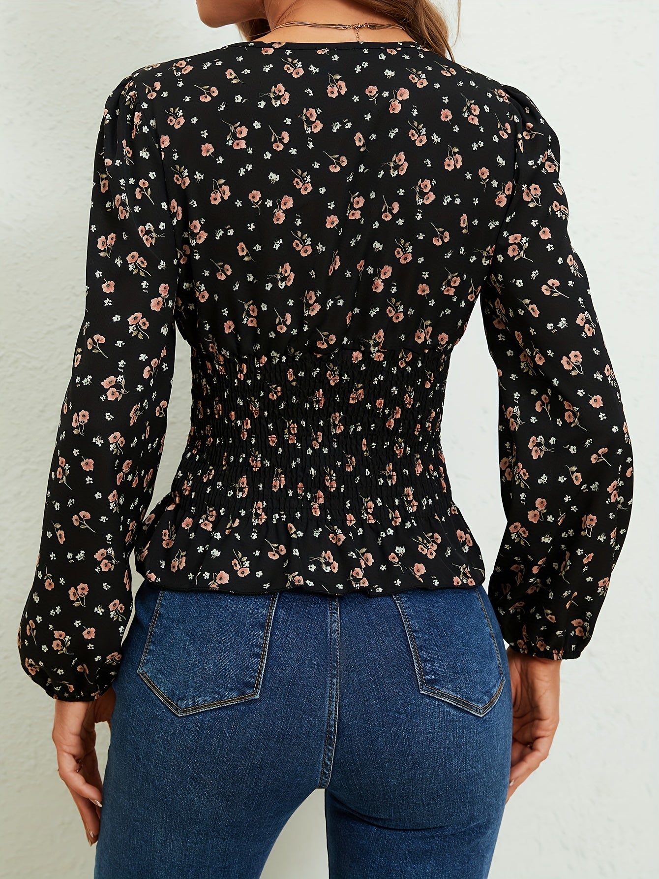 Ditsy Floral Print Shirred Blouse, Elegant Long Sleeve V Neck Blouse, Women's Clothing