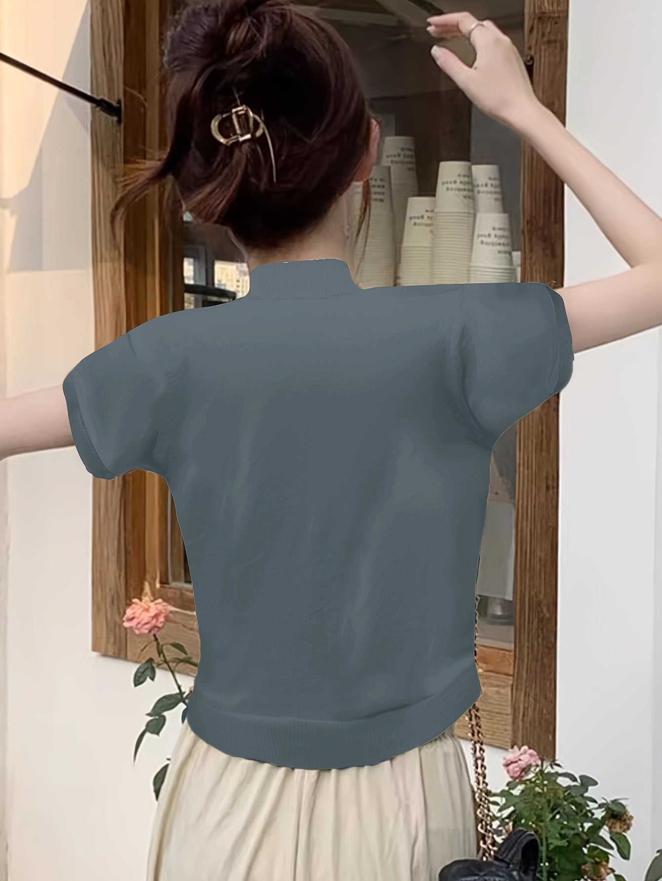 Womens Chic Solid Mock Neck Short Sleeve Knit Sweater - Soft & Breathable - Casual Everyday Style