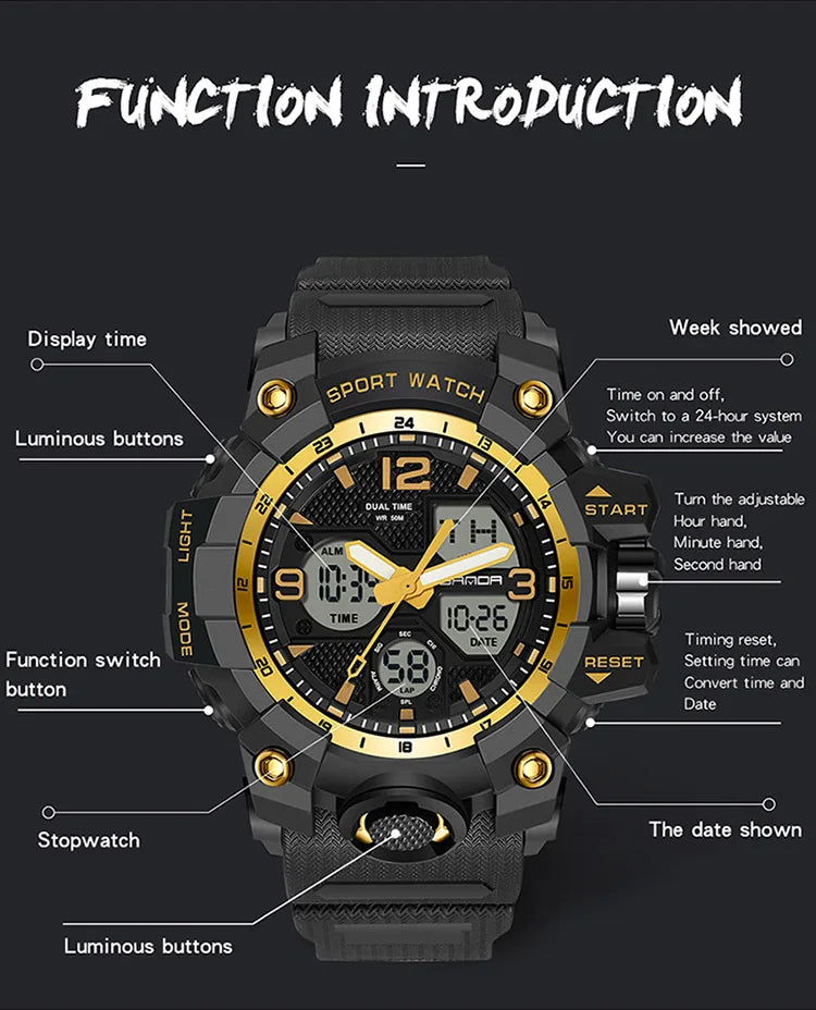 SANDA nouvelle mode Sport militaire montre-bracelet pour hommes numérique Quartz double affichage montres étanche montre décontractée pour hommes