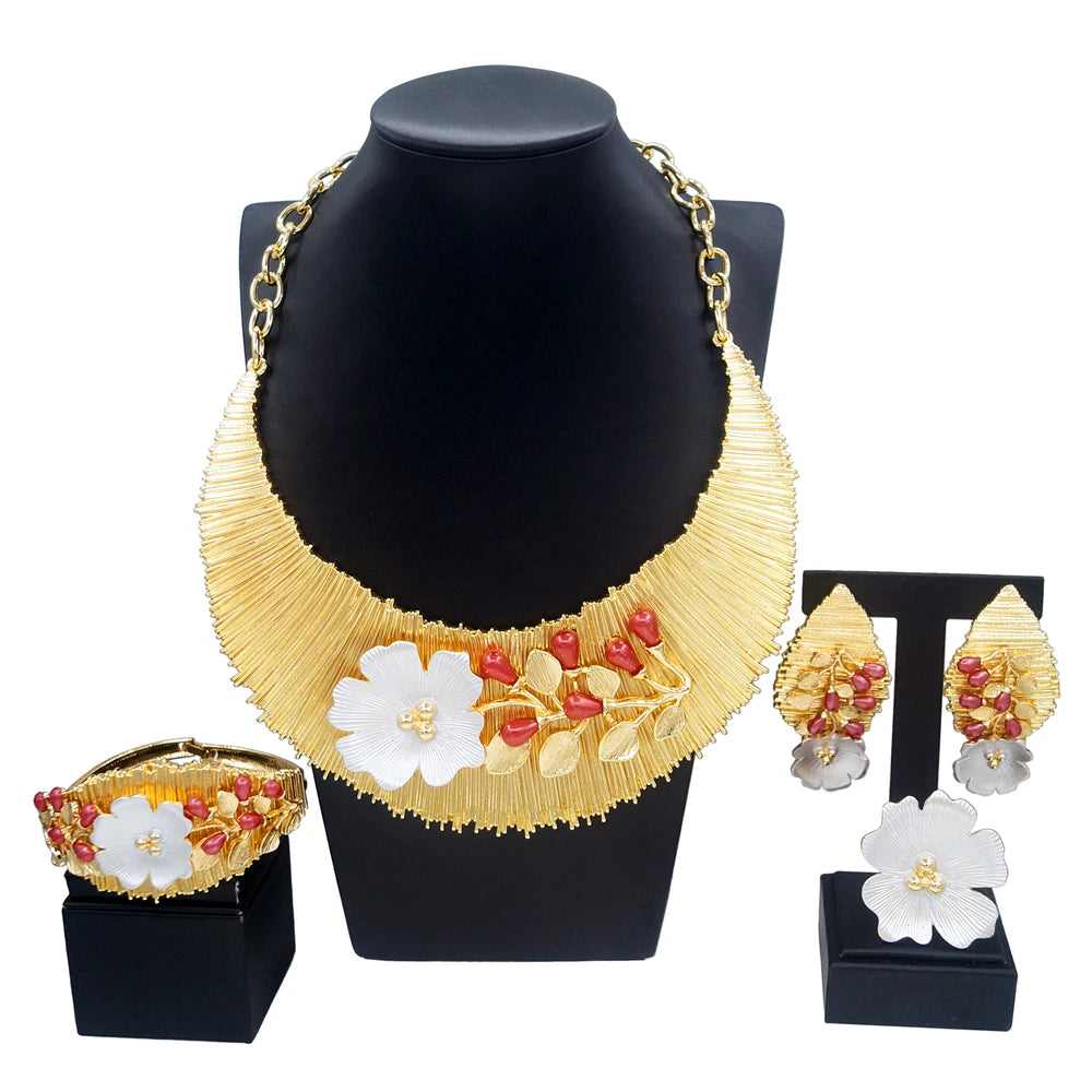Zhuerrui Two Tone Italian Gold Jewelry Sets Necklace Bracelet Earrings Ring Bridal Western Heavy Wedding Fine Jewelry Set H00497