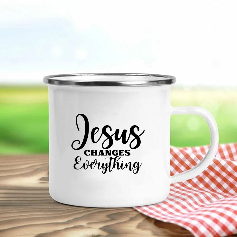 Jésus est Dieu imprimer tasses en émail chrétien créatif tasses à café boisson Dessert petit déjeuner lait tasse Vintage tasse poignée Drinkware cadeau