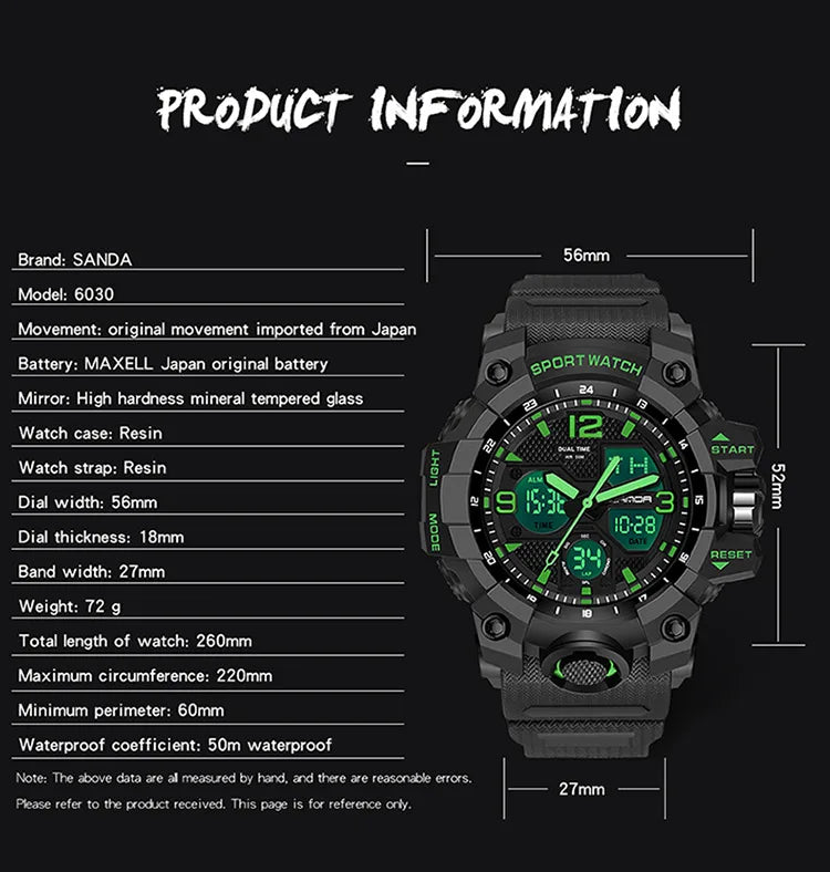 SANDA nouvelle mode Sport militaire montre-bracelet pour hommes numérique Quartz double affichage montres étanche montre décontractée pour hommes