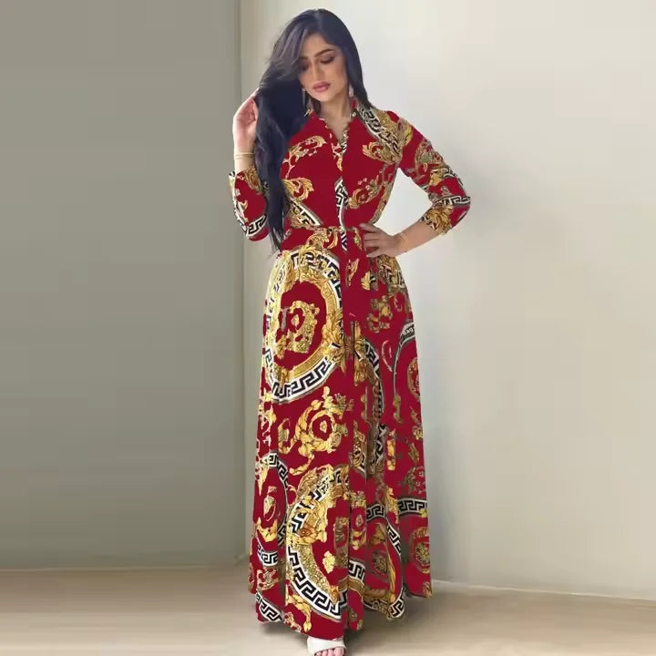 Hot Selling Printed Polyester Shirt Dress European American Middle East Independent Station Turkish Abaya Muslim Women Dress