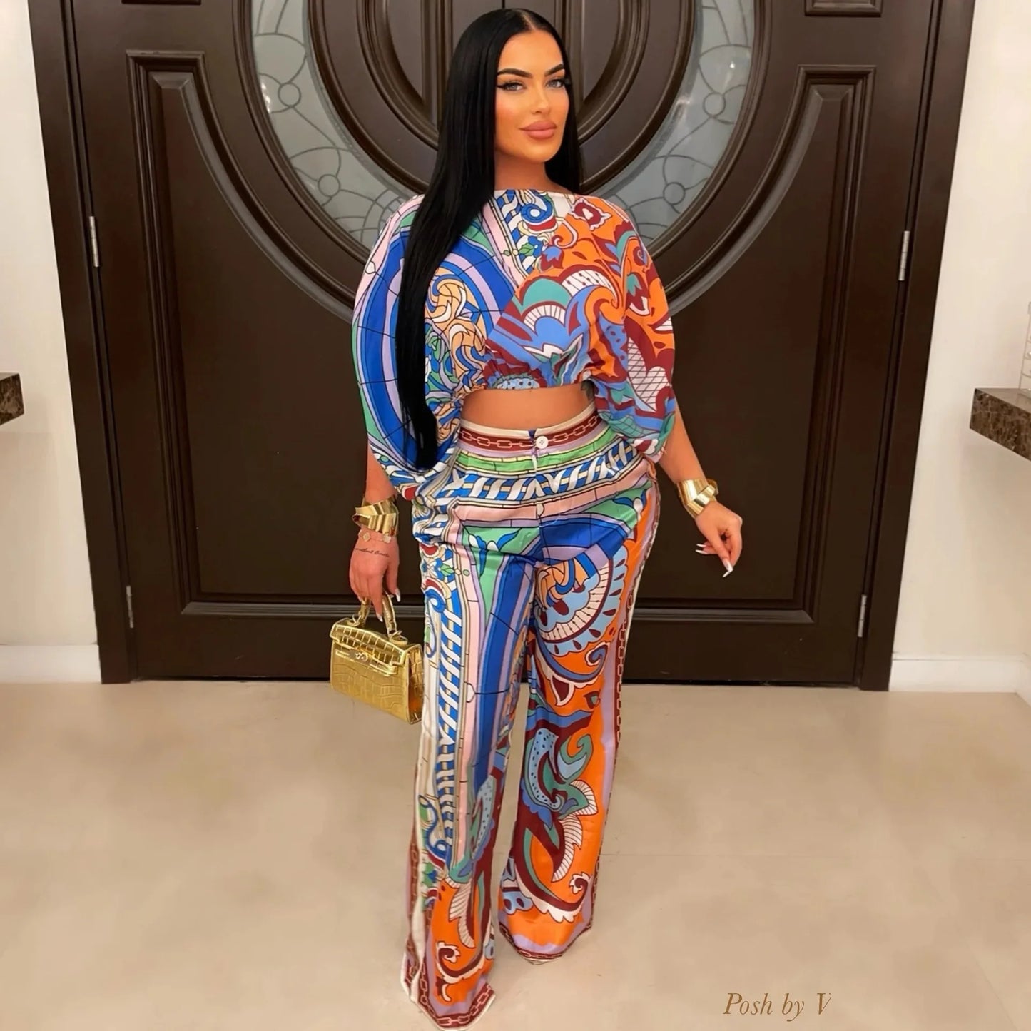 W0863 Latest 2024 Paisley Print Flare Sleeve Crop Top Wide Leg Pants Elegant Two Piece Set