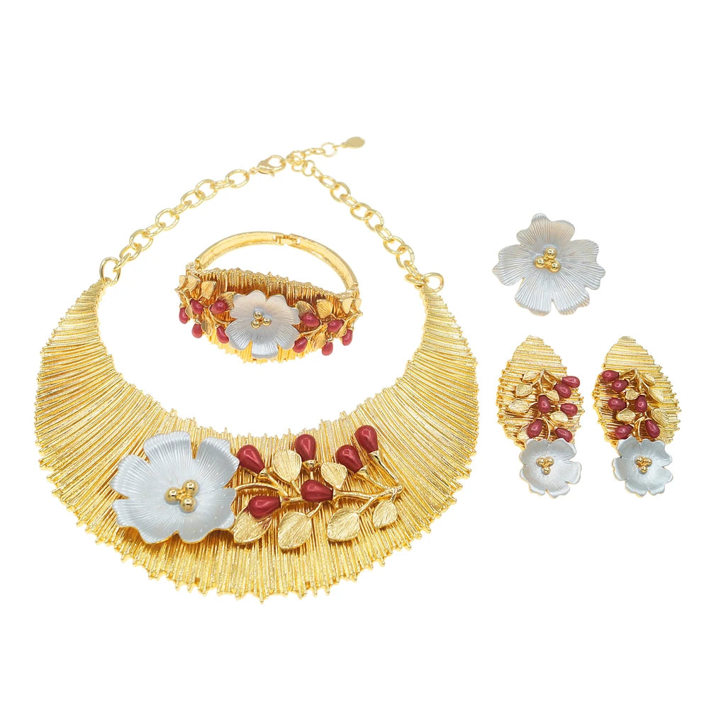 Zhuerrui Two Tone Italian Gold Jewelry Sets Necklace Bracelet Earrings Ring Bridal Western Heavy Wedding Fine Jewelry Set H00497