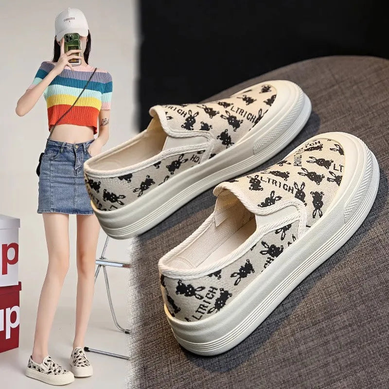 Women's Summer Casual Canvas Shoes One Foot Flat with Breathable Lazy Thick Soled Board Chunky Shallow Mouth Design