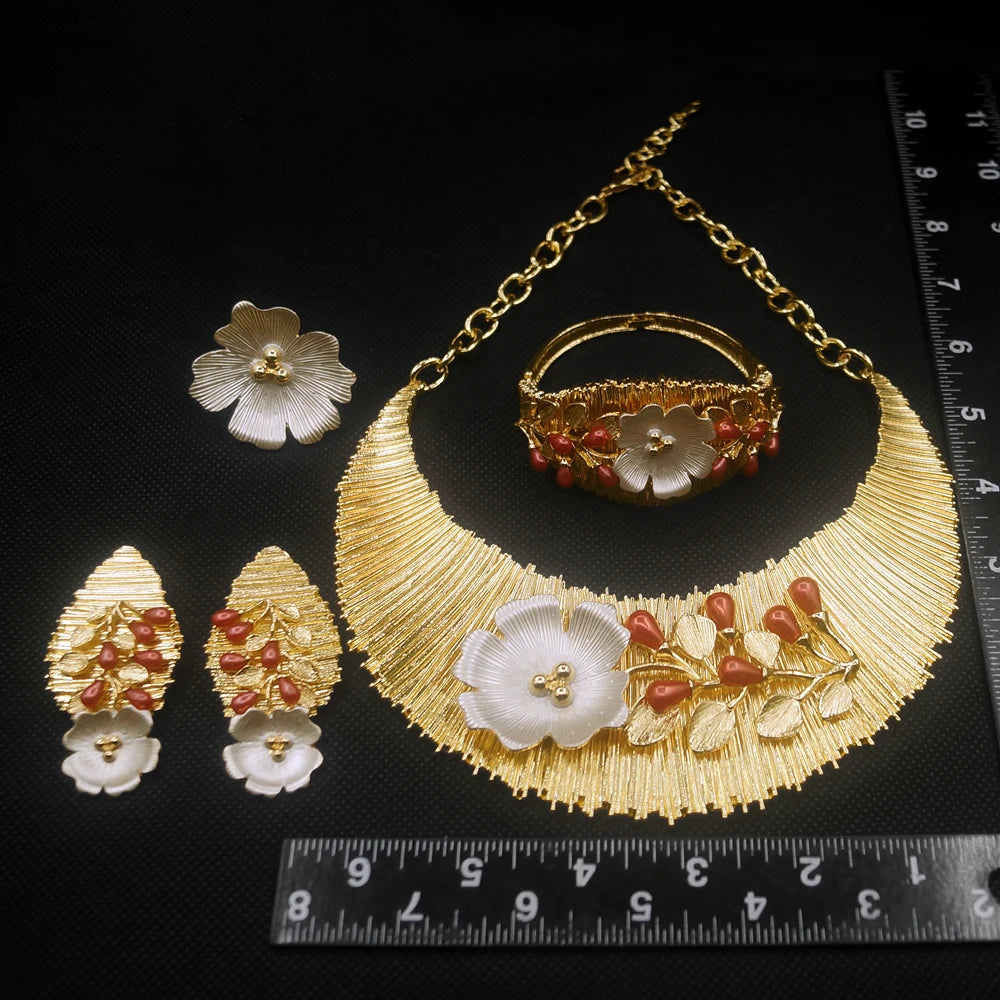 Zhuerrui Two Tone Italian Gold Jewelry Sets Necklace Bracelet Earrings Ring Bridal Western Heavy Wedding Fine Jewelry Set H00497