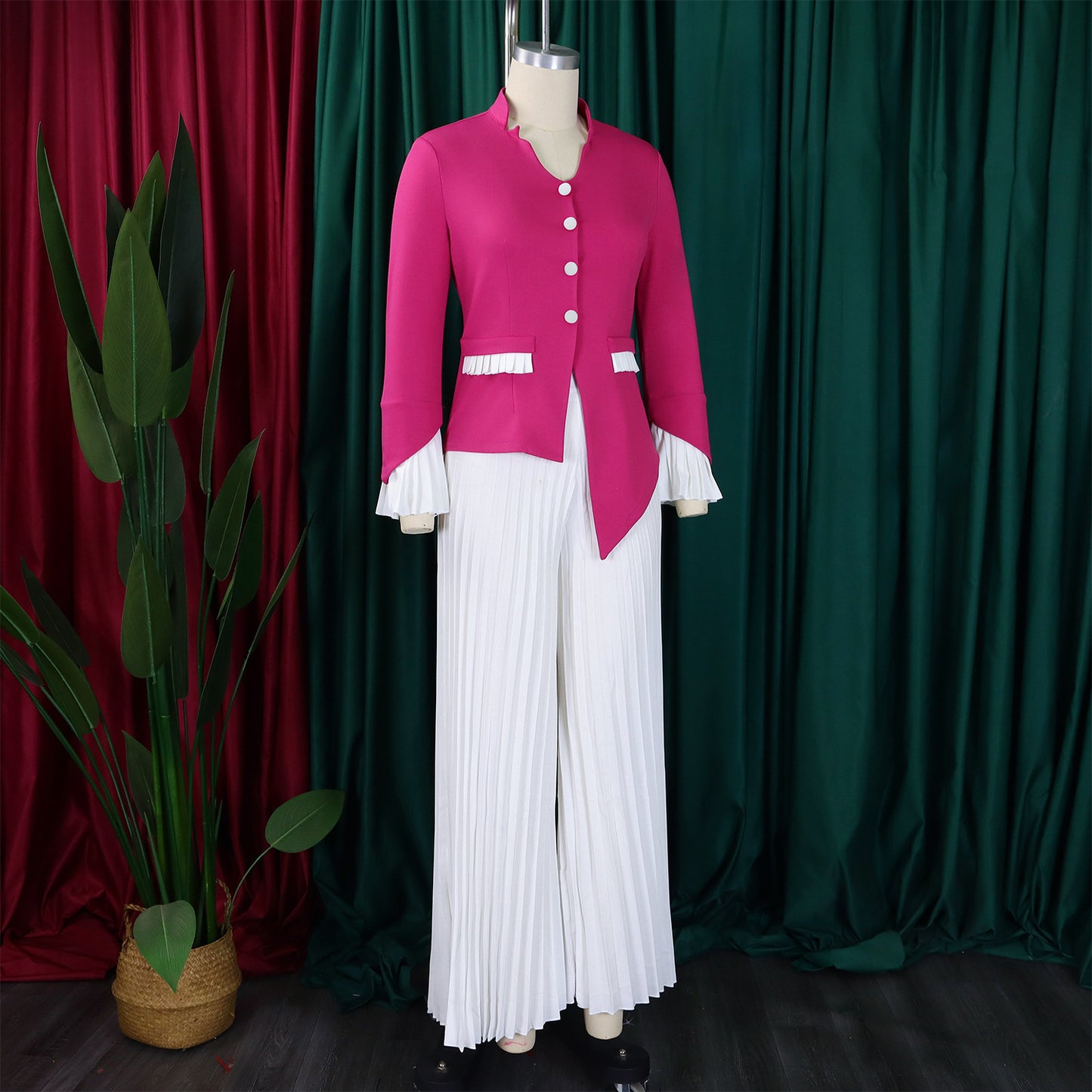 BS -  ensemble élégant  femme manches évasées bouton Blazer chemise + pantalon Long plissé costume Streetwear deux 2 pièces ensemble afrique OL tenues