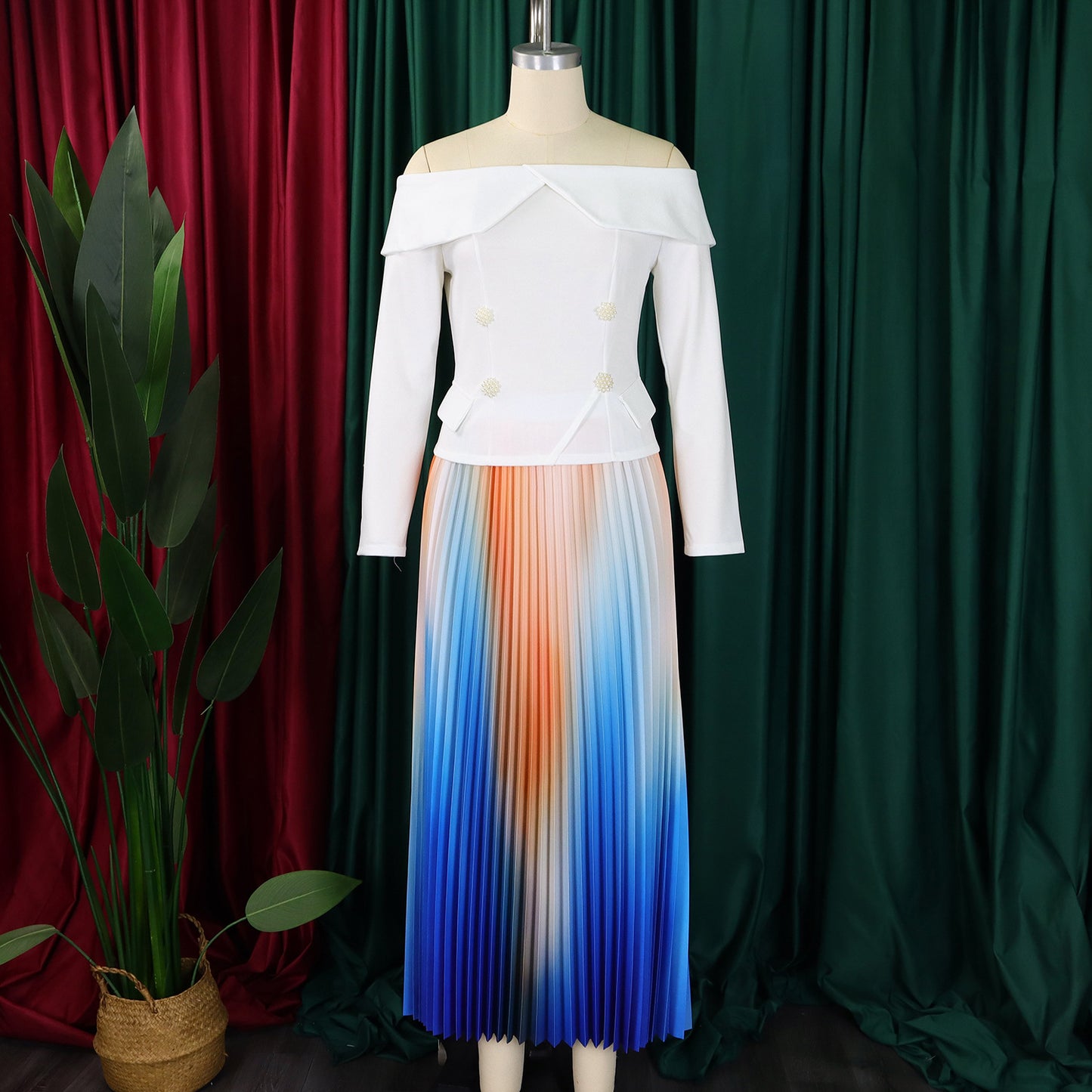 BS - Ensemble à manches longues et col slash pour femme, jupes longues plissées dégradées, ensemble de rue, tenues d'avocat africain, 2 pièces