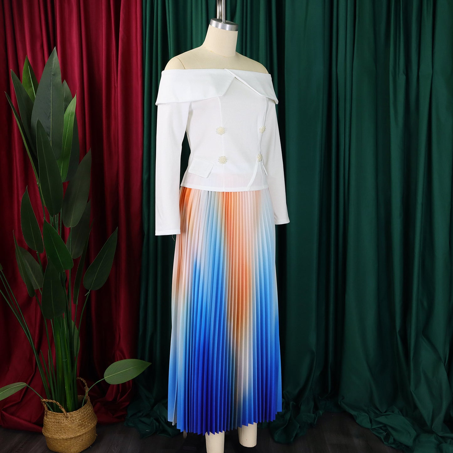 BS - Ensemble à manches longues et col slash pour femme, jupes longues plissées dégradées, ensemble de rue, tenues d'avocat africain, 2 pièces