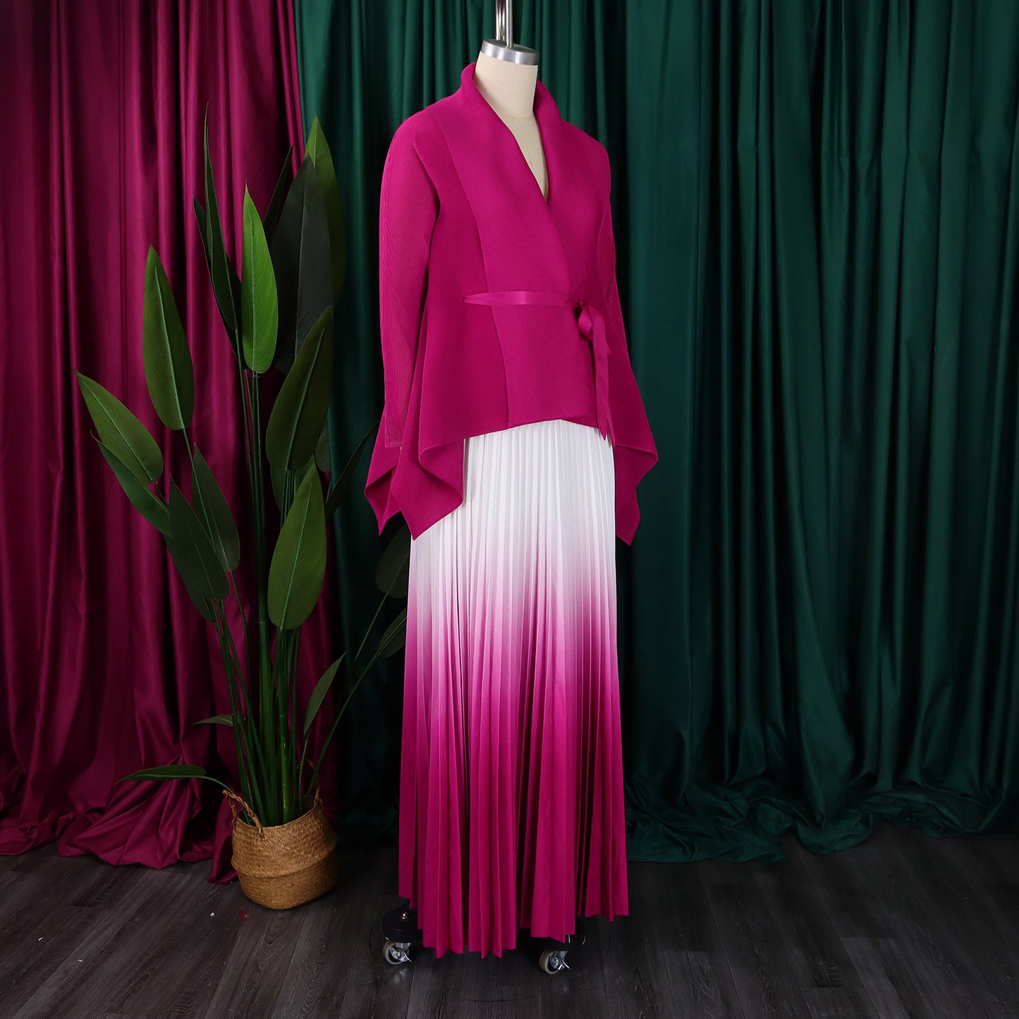 CM.YAYA – ensemble dégradé pour femmes, chemisier à manches longues avec ceinture, chemise et jupes longues plissées, costume de rue, ensemble deux pièces, survêtement