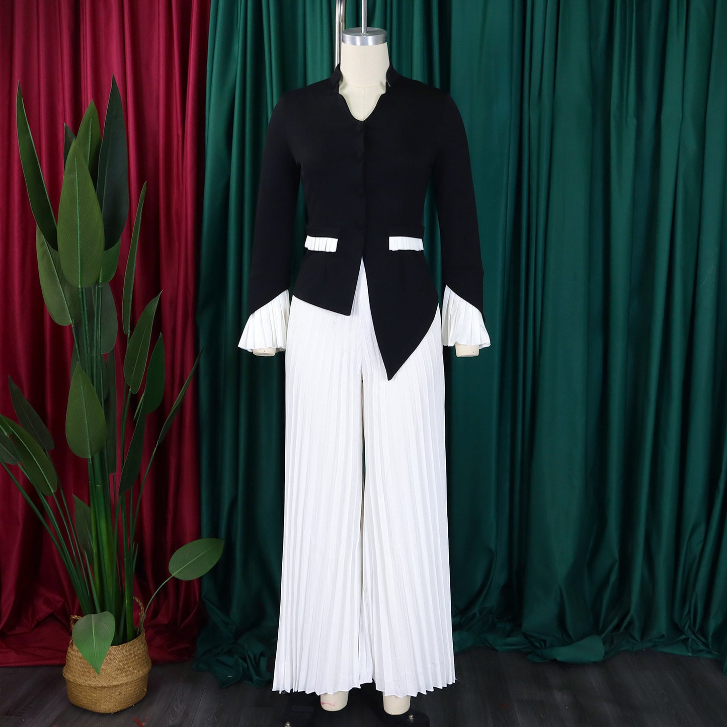 BS -  ensemble élégant  femme manches évasées bouton Blazer chemise + pantalon Long plissé costume Streetwear deux 2 pièces ensemble afrique OL tenues