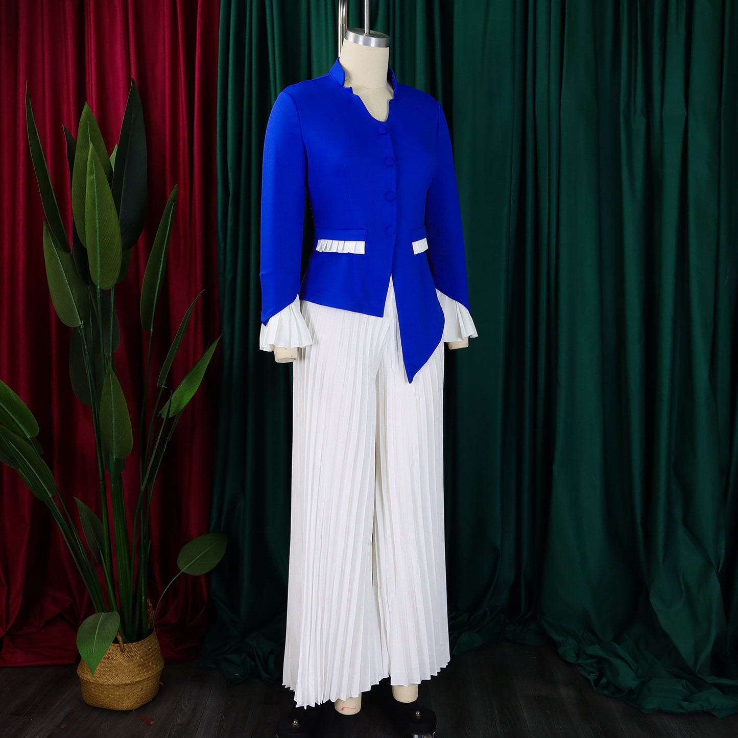 BS -  ensemble élégant  femme manches évasées bouton Blazer chemise + pantalon Long plissé costume Streetwear deux 2 pièces ensemble afrique OL tenues