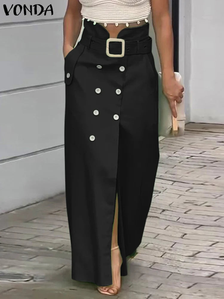 VONDA femmes jupes 2025 décontracté ceinture bouton conception fente longues jupes élégant couleur unie bureau dame bas surdimensionné