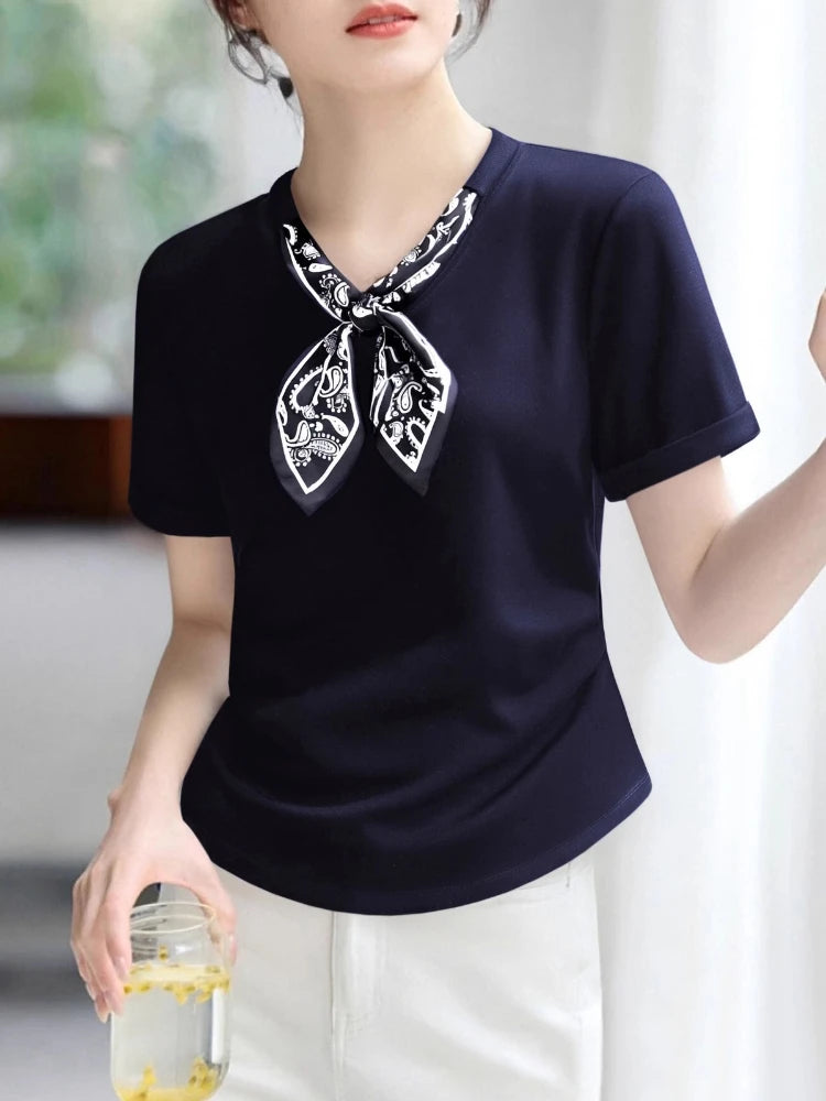 T-Shirt à manches courtes et col en V pour femme, écharpe structurée, épaules froncées, cravate à la taille, amincissante, nouvelle collection 2025