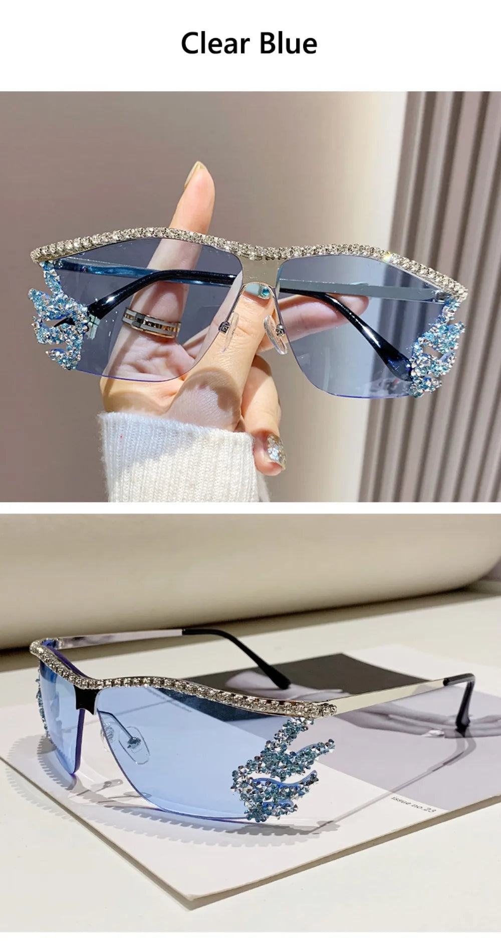 Y2K lunettes de soleil sans monture Punk irrégulière femme lunettes de soleil de luxe concepteur UV400 Protection diamant cristal nuances pour les femmes