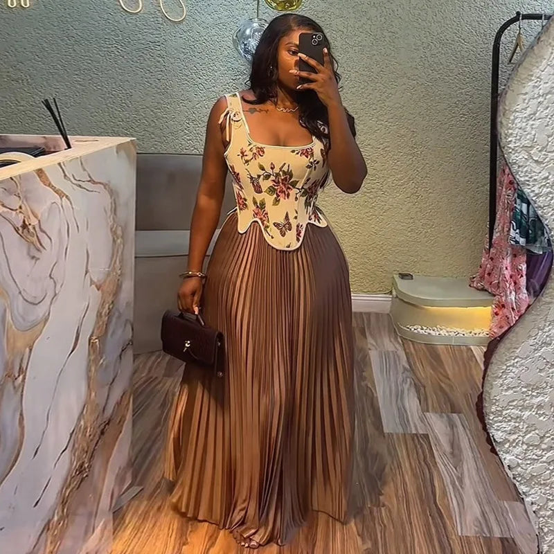 CM.YAYA ensemble femme imprimé fleuri taille cintrée gilet + jupes longues plissées costume 2025 fête soirée rue deux 2 pièces ensemble tenue