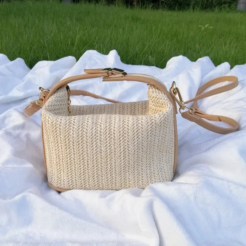 Yogodlns été petit sac à main en paille sac à bandoulière tendance tissé seau sac à bandoulière décontracté bord de mer sac de plage filles poignée fourre-tout