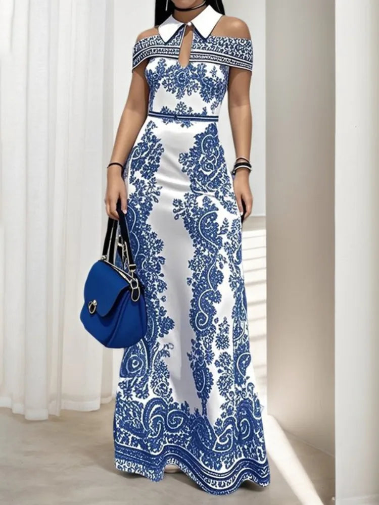 Freeacy robe moulante imprimée florale pour femmes épaule froide col à revers taille haute a-ligne Maxi robes de soirée robes de soirée