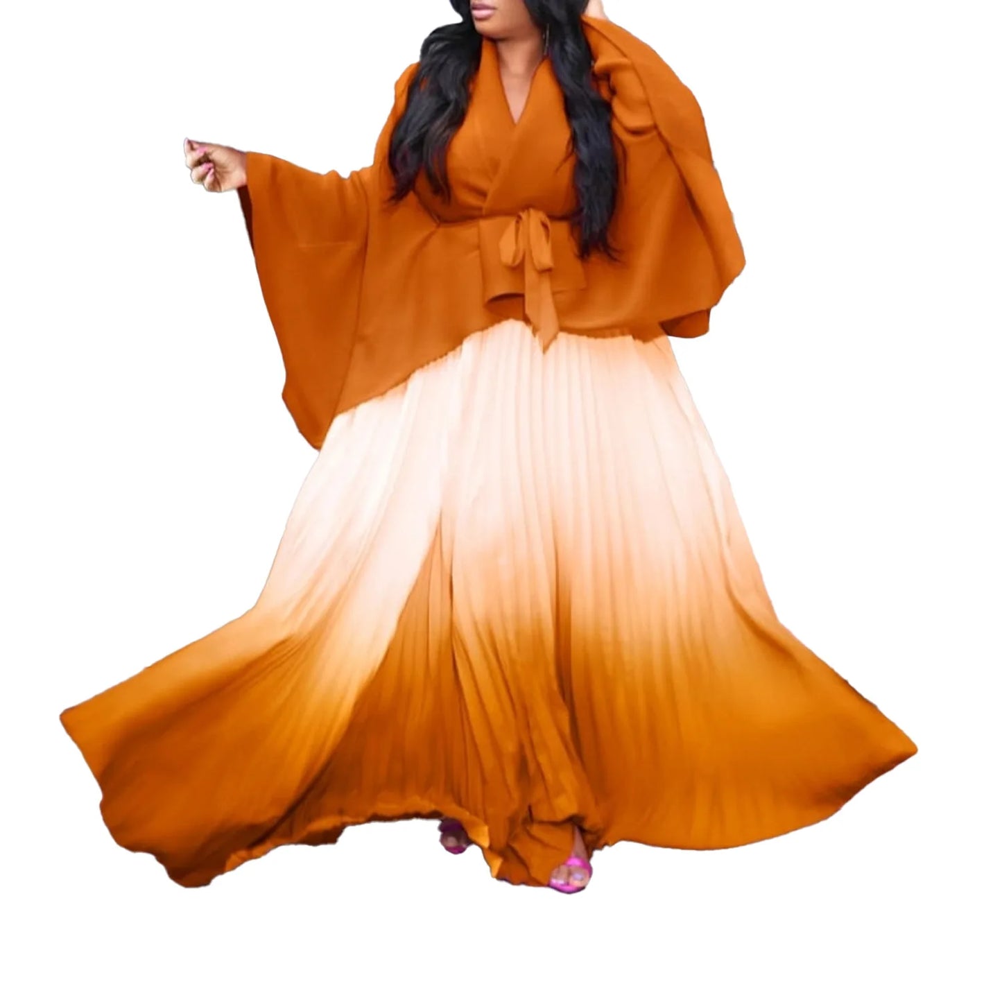 CM.YAYA – ensemble dégradé pour femmes, chemisier à manches longues avec ceinture, chemise et jupes longues plissées, costume de rue, ensemble deux pièces, survêtement