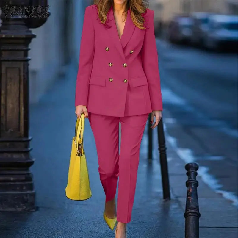 BS- Sublime femmes mode 2 pièces Blazer costumes cranté revers à manches longues Blazer pantalon ensembles élégant bureau dame solide 2 pièces tenues